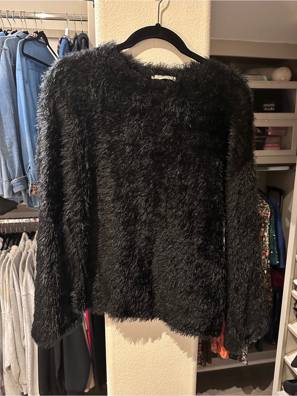 Zara Black Fuzzy Plush Long Sleeve Sweater